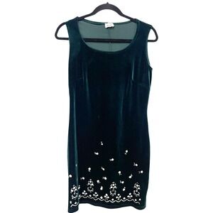 Dude Dress Womens M Dark Green White Floral Velvet Scoop Neck Pullover Vintage‎